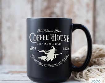 Black Halloween Witchy Mug, Witches Brew Coffee House Mug, Coffee Lovers Halloween Decor, Spooky Fall Coffee Mug Gift, Halloween Lover Gift