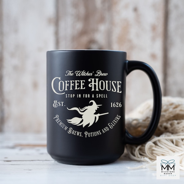 Taza negra de bruja de Halloween, taza de café Witches Brew, decoración de Halloween para amantes del café, regalo de taza de café de otoño espeluznante, regalo para amantes de Halloween