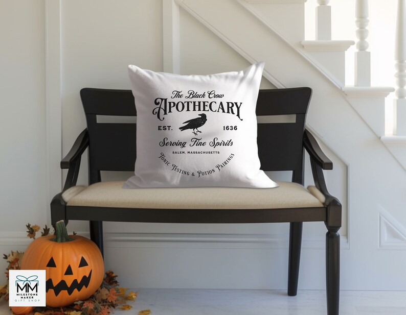 Black Crow Apothecary Halloween Pillow and Insert, Witchy Aesthetic Halloween Home Decoration, Spooky Halloween Lover Gift, Black Crow Gift bild 9