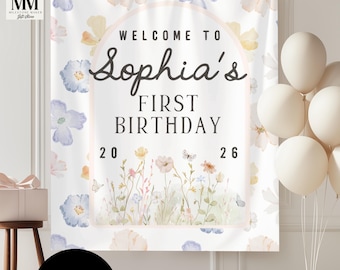Custom Wildflower Birthday Banner, Girls Watercolor Floral Birthday Welcome Sign, Girls First Birthday Photo Backdrop