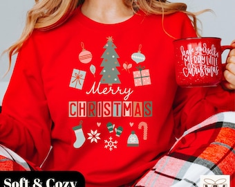 Retro Merry Christmas Sweatshirt, Vintage Holiday Sweater, Cute Christmas Party Outfit For Women, Xmas Crewneck, Christmas Tree Santa Shirt