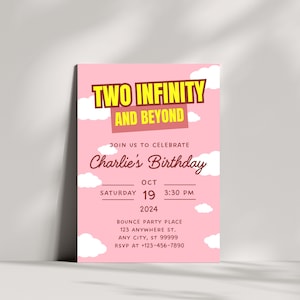 Editable Pink Toy Story Birthday Invitation, Two Infinity And Beyond Theme Party, Pink Birthday Invite