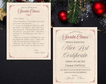 May include: A printable Christmas certificate with a vintage design. The certificate is titled "Nice List Certificate" and states that Emma Watkins has been placed on the nice list due to good behavior and kindness. The certificate is signed by Santa Claus.