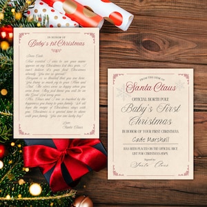 Carta personalizada y editable para la primera Navidad de Papá Noel y certificado de lista de buenos deseos para el bebé, carta de Nochebuena de Papá Noel para el bebé