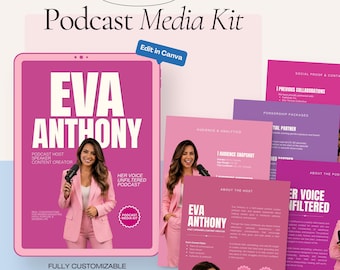 Może przedstawiać: Sześciostronicowy zestaw mediów podcastowych, szablon Canva w kolorystyce różowo-fioletowej. Projekt zawiera tekst taki jak Podcast Media Kit, Eva Anthony i Her Voice Unfiltered oraz miejsca na zdjęcia prowadzącego i dane analityczne.