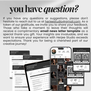 May include: Image featuring a tablet and smartphones displaying feedback forms, Instagram profile, and a QR code for payment. The text reads "you have question?" and invites feedback for a complimentary email newsletter template.
