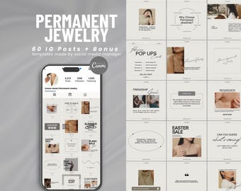 Editable Permanent Jewelry Instagram Posts Template, Aesthetic Permanent Jewelry Social Media Branding, Luxury Canva Templates, Jewelry