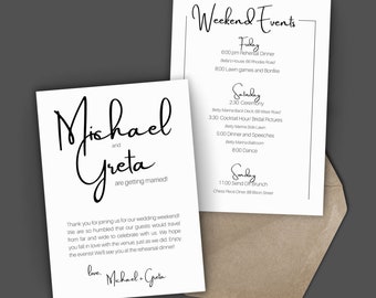 Minimalist Wedding Weekend Itinerary | Modern Wedding Itinerary | Wedding Schedule | Wedding Welcome Bag Note