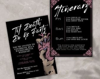 Tot Death Do Us Party vrijgezellenroute-sjabloon | Halloween Bachelorette uitnodiging | Bruid of sterven uitnodigen | Gotische vrijgezellin