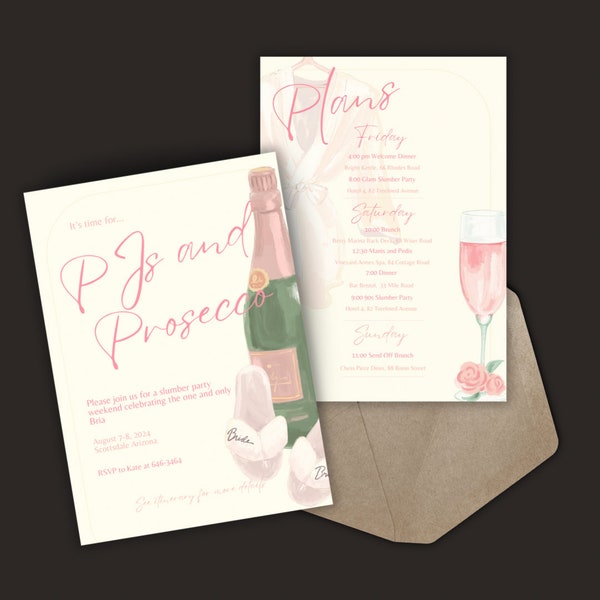PJs & Prosecco Bachelorette Invite and Itinerary | Champagne Bachelorette Itinerary | Girly Bachelorette Weekend Invitation Custom Template