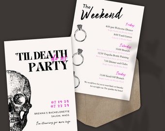 Modèle d’itinéraire de Bachelorette jusqu’à ce que la mort nous fasse la fête | Bride or Die Bachelorette Invitation et itinéraire | Invitation à un enterrement de vie de jeune fille