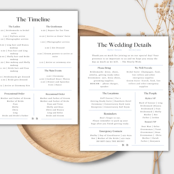 Modern Wedding Details Card | Minimalist Wedding Day Of Timeline | Bridal Party Timeline | Wedding Itinerary Template | Wedding Organizer