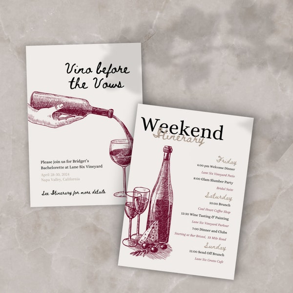 Vino Before Vows Bachelorette Itinerary | Vineyard Bachelorette Invite and Itinerary | Wine Bachelorette Weekend Invitation Custom Template