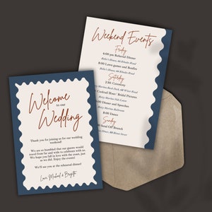 Modelo de itinerário de fim de semana de casamento rabisco | Nota de bolsa de boas-vindas moderna | Carta de boas-vindas ao casamento | Itinerário de casamento