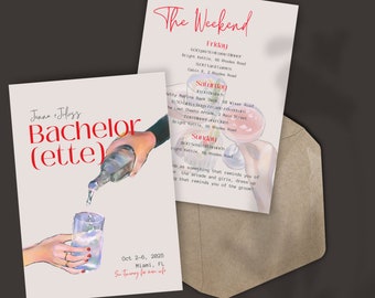May include: A watercolor illustration of a bachelorette party invitation with the text "Jenna + Jalays Bachelor(ette)" and "Oct 2-6, 2025 Miami, FL So sorry for our sake". The illustration shows a hand pouring a drink into a glass.