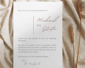 Minimalist Wedding Welcome Bag Letter Template | Wedding Hotel Bag Note | Wedding Itinerary | Wedding Timeline
