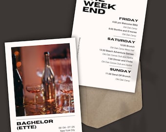 May include: A weekend itinerary for a bachelor party at Old Oak Camp. The schedule includes activities like a welcome BBQ, beach adventure games, dinner and clubs, and a send-off brunch. The image also includes a photo of a group of glasses on a table.