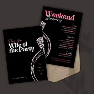 May include: A black and white illustration of a diamond ring on a black background with the text "She's the Wife of the Party" and the date "Oct 2-6, 2025 | Miami, FL.". The image is a party invitation for a weekend itinerary.