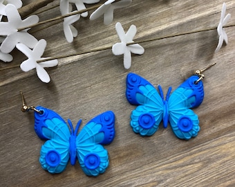 Blue Butterfly Dangle Earrings, Polymer Clay Earrings