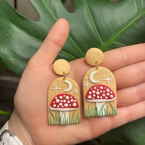 Mushroom Meadow Dangle Earrings, Polymer Clay Earrings