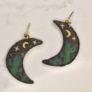 Cactus Moon Dangle Earrings, Polymer Clay Earrings