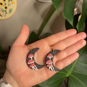 Moon Mushrooms Dangle Earrings, Polymer Clay Earrings