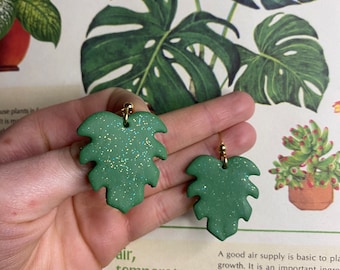 Monstera Leaf Dangle Earrings, Polymer Clay Earrings