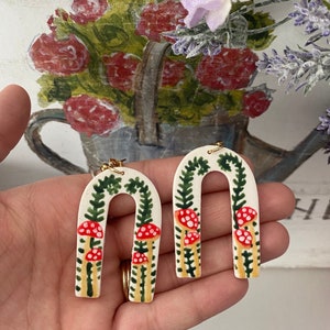Mushrooms & Ferns Dangle Earrings, Polymer Clay Earrings