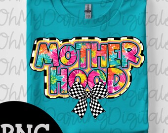 May include: A turquoise t-shirt featuring the word "MOTHERHOOD" in a colorful floral design with a black and white checkered bow. The text is outlined in black and yellow. The shirt is folded.