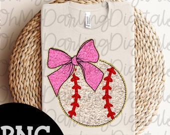 Faux Chenille Baseball PNG med rosa rosett | Basebolldesign | Söt flicksport-T-shirt PNG | Digital nedladdning | Preppy | Laganda | Sportgrafik