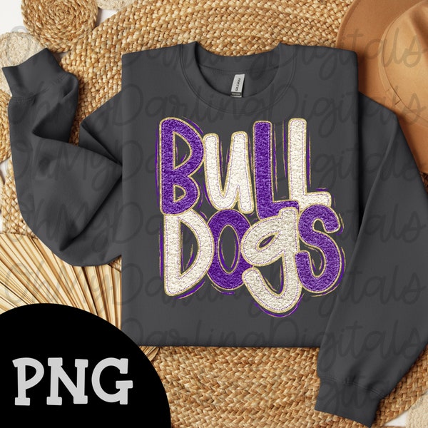 Bulldogs faux chenille png/patch/purple/white/gold/faux stitched/team spirit png/school mascot/sports png/digital download