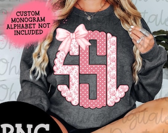 CUSTOM toile scalloped monogram png/initials/Shabby chic/coquette/preppy/girly/aesthetic/polka dots/pink bow/tshirt png/digital download