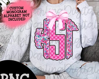 Monograma floral festoneado de primavera rosa personalizado, PNG/iniciales/coqueta/preppy/femenina/estética/lazo rosa/camiseta PNG/descarga digital