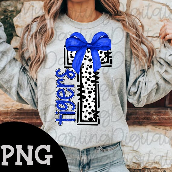 Tigers Png|Dalmatian Print|Blue Bow|Preppy Tigers Png|Team Spirit|School Mascot|Sports png|Game Day png|Tshirt Graphic|Digital Download