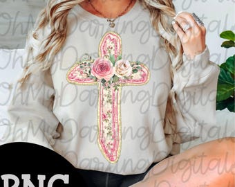 Cross png/shabby chic/coquette/floral/Christian/Easter/Jesus/gold glitter/girly/aesthetic/preppy/tshirt png/digital download