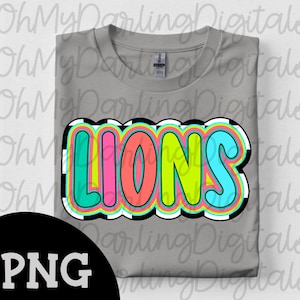 Lions Colorful Png/Neon Retro Game Day Png|Checkered|Team Spirit png|School Mascot|Sport Png|Teacher |School Pride Design|Digital Download