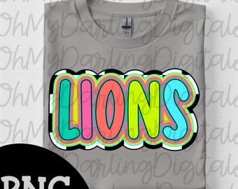 Lions Colorful Png/Neon Retro Game Day Png|Checkered|Team Spirit png|School Mascot|Sport Png|Teacher |School Pride Design|Digital Download