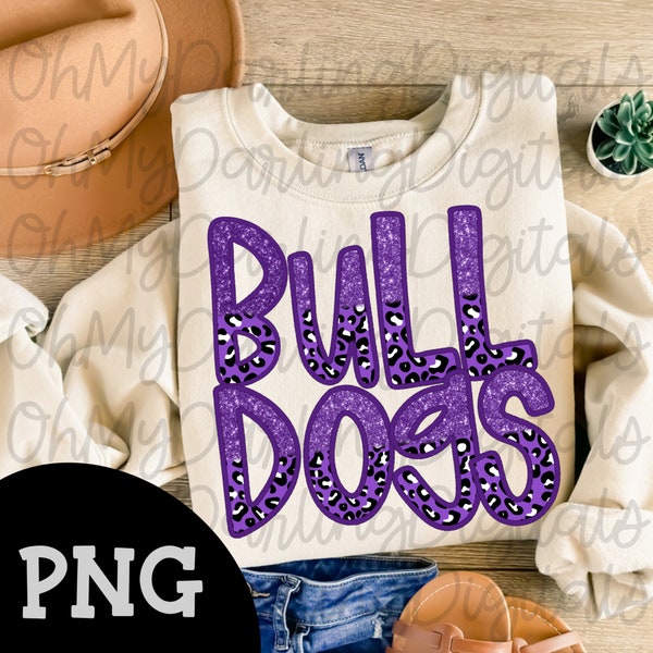 Bulldogs faux embroidery/purple and white leopard/glitter/team spirit png/school mascot/sports png/team shirt png/digital download