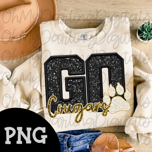 Go cougars png/ faux embroidery/ sequins/ glitter/ gold/ paw/ school mascot/ team spirit/ sports png/ digital download