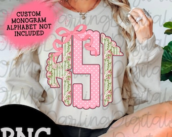 CUSTOM floral scalloped monogram png/initials/Shabby chic/coquette/preppy/girly/aesthetic/polka dots/pink bow/tshirt png/digital download