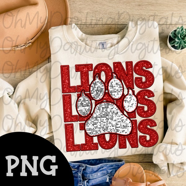 Lions png/faux embroidery png/faux glitter/sequins/sports png/lion paw/team spirit png/school mascot png/lion mascot/digital download