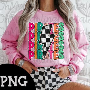 Pirates Stacked Png|Colorful Retro Team Graphic|Checkered Lightning Bolt|Game Day Tshirt Png|Preppy Team|Pirates Mascot Png|Sport|Vintage