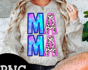 May include: A beige sweatshirt with the word "MAMA" in large, colorful letters. The letters "M" are tie-dye with blue and purple hues, outlined in dark blue. The letters "A" have a leopard print design with pink outlines. The PNG file is visible in the bottom left corner.