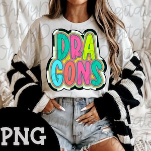 Dragons Colorful Png/Neon Retro Game Day Png|Checkered|Team Spirit png|School Mascot|Sport Png|Teacher |School Pride Design|Digital Download