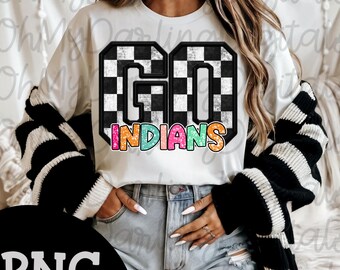 Go Indians Png|Preppy Colorful Sport Graphic|Indians Mascot|Retro Team Spirit|Checkered|Game Day Png|Sport Png|School Png|Tshirt Digital