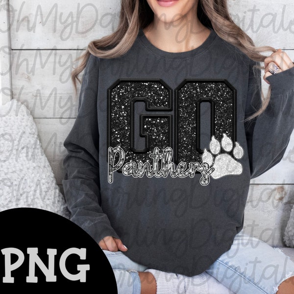 Go panthers png/ faux embroidery/ sequins/ glitter/ paw/ silver and black/ team spirit/ school/ mascot/ sport/ digital download