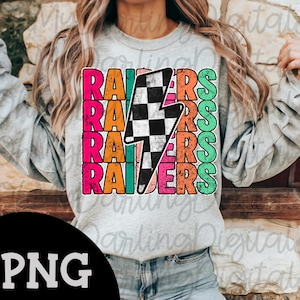 Raiders Stacked Png|Colorful Retro Team Graphic|Checkered Lightning Bolt|Game Day Tshirt Png|Preppy Team|Raiders Mascot Png|Sport|Vintage