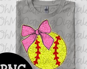 Faux Chenille Softball PNG with Pink Bow|Softball Graphic|Cute Girly Game Day Shirt Design|Digital Download PNG|Preppy Sport Png|Team Spirit