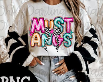Mustangs Team Spirit PNG: Leopard Bow, Retro Colorful Team Design (Digital Download)