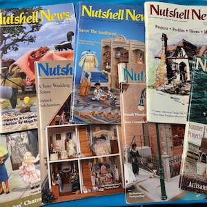 May include: A collection of vintage "Nutshell News" magazines, featuring colorful covers with miniature scenes and articles. The magazines showcase projects, profiles, and shows related to miniature crafts and dollhouses.